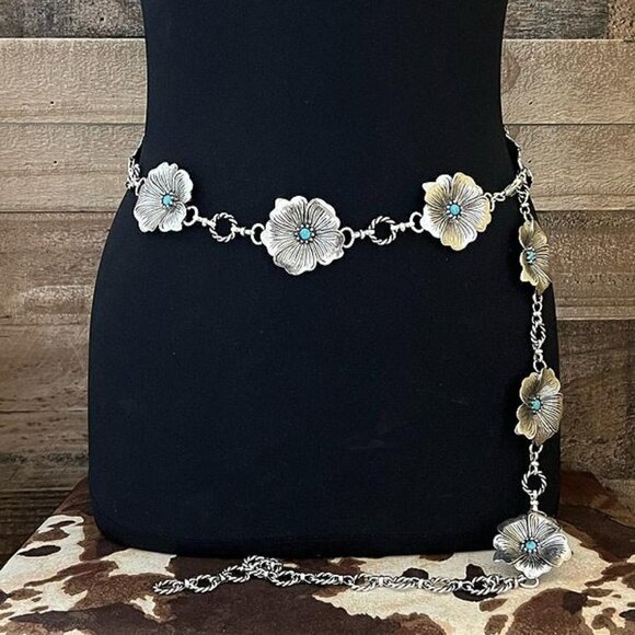 Western Concho Floral Flower Metal Cable Link Belt Turquoise Accents - Picture 1 of 3